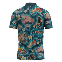 Hawaiian and Japanese Culture Together Zipper Polo Shirt Hawaiian Island Shapes with Japanese Landscape Teal Color