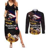American Samoa Fue and Kava Bowl Couples Matching Summer Maxi Dress and Long Sleeve Button Shirt Plumeria and Polynesian Pattern LT03 Black - Polynesian Pride
