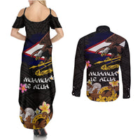 American Samoa Fue and Kava Bowl Couples Matching Summer Maxi Dress and Long Sleeve Button Shirt Plumeria and Polynesian Pattern LT03 - Polynesian Pride