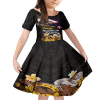 American Samoa Fue and Kava Bowl Kid Short Sleeve Dress Plumeria and Polynesian Pattern LT03 KID Black - Polynesian Pride