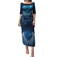 New Zealand Matariki Puletasi Maori Pattern and Kiwi Bird Haka Dance Sky Night LT03 Long Dress Blue - Polynesian Pride