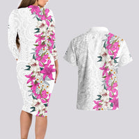 Hawaii Tropical Leaves and Flowers Couples Matching Long Sleeve Bodycon Dress and Hawaiian Shirt Tribal Polynesian Pattern White Style LT03 - Polynesian Pride