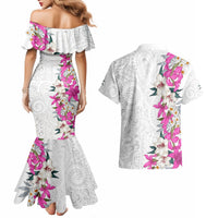 Hawaii Tropical Leaves and Flowers Couples Matching Mermaid Dress and Hawaiian Shirt Tribal Polynesian Pattern White Style