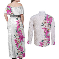 Hawaii Tropical Leaves and Flowers Couples Matching Off Shoulder Maxi Dress and Long Sleeve Button Shirt Tribal Polynesian Pattern White Style LT03 - Polynesian Pride