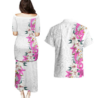 Hawaii Tropical Leaves and Flowers Couples Matching Puletasi and Hawaiian Shirt Tribal Polynesian Pattern White Style LT03 - Polynesian Pride