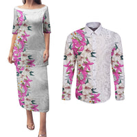 Hawaii Tropical Leaves and Flowers Couples Matching Puletasi and Long Sleeve Button Shirt Tribal Polynesian Pattern White Style LT03 White - Polynesian Pride