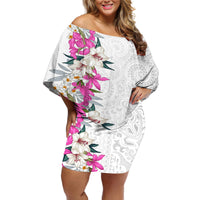 Hawaii Tropical Leaves and Flowers Off Shoulder Short Dress Tribal Polynesian Pattern White Style LT03 Women White - Polynesian Pride