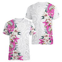 Hawaii Tropical Leaves and Flowers Women V-Neck T-Shirt Tribal Polynesian Pattern White Style