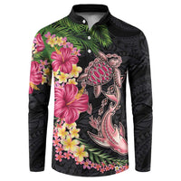 Hawaiian Tropical Plants Turtle and Shark Button Sweatshirt Polynesian Art Tattoo LT03 Black - Polynesian Pride