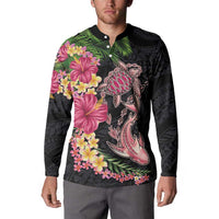 Hawaiian Tropical Plants Turtle and Shark Button Sweatshirt Polynesian Art Tattoo LT03 - Polynesian Pride