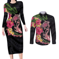 Hawaiian Tropical Plants Turtle and Shark Couples Matching Long Sleeve Bodycon Dress and Long Sleeve Button Shirt Polynesian Art Tattoo LT03 Black - Polynesian Pride
