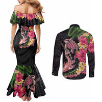 Hawaiian Tropical Plants Turtle and Shark Couples Matching Mermaid Dress and Long Sleeve Button Shirt Polynesian Art Tattoo LT03 - Polynesian Pride
