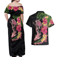 Hawaiian Tropical Plants Turtle and Shark Couples Matching Off Shoulder Maxi Dress and Hawaiian Shirt Polynesian Art Tattoo LT03 - Polynesian Pride