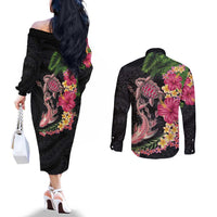 Hawaiian Tropical Plants Turtle and Shark Couples Matching Off The Shoulder Long Sleeve Dress and Long Sleeve Button Shirt Polynesian Art Tattoo LT03 - Polynesian Pride
