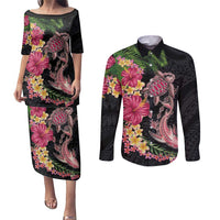 Hawaiian Tropical Plants Turtle and Shark Couples Matching Puletasi and Long Sleeve Button Shirt Polynesian Art Tattoo LT03 Black - Polynesian Pride