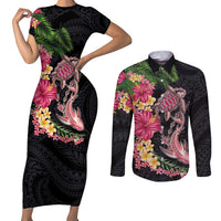 Hawaiian Tropical Plants Turtle and Shark Couples Matching Short Sleeve Bodycon Dress and Long Sleeve Button Shirt Polynesian Art Tattoo LT03 Black - Polynesian Pride