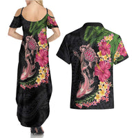Hawaiian Tropical Plants Turtle and Shark Couples Matching Summer Maxi Dress and Hawaiian Shirt Polynesian Art Tattoo LT03 - Polynesian Pride
