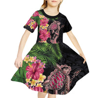Hawaiian Tropical Plants Turtle and Shark Kid Short Sleeve Dress Polynesian Art Tattoo