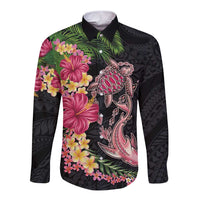 Hawaiian Tropical Plants Turtle and Shark Long Sleeve Button Shirt Polynesian Art Tattoo LT03 Unisex Black - Polynesian Pride