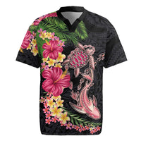 Hawaiian Tropical Plants Turtle and Shark Rugby Jersey Polynesian Art Tattoo LT03 Black - Polynesian Pride