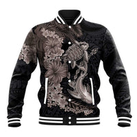 Hawaiian Tropical Plants Turtle and Shark Baseball Jacket Polynesian Art Tattoo Grayscale Color LT03 Unisex Black - Polynesian Pride