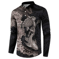 Hawaiian Tropical Plants Turtle and Shark Button Sweatshirt Polynesian Art Tattoo Grayscale Color LT03 - Polynesian Pride