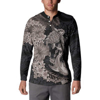 Hawaiian Tropical Plants Turtle and Shark Button Sweatshirt Polynesian Art Tattoo Grayscale Color LT03 - Polynesian Pride