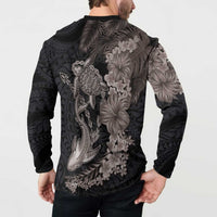 Hawaiian Tropical Plants Turtle and Shark Button Sweatshirt Polynesian Art Tattoo Grayscale Color LT03 - Polynesian Pride