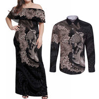 Hawaiian Tropical Plants Turtle and Shark Couples Matching Off Shoulder Maxi Dress and Long Sleeve Button Shirt Polynesian Art Tattoo Grayscale Color LT03 Black - Polynesian Pride