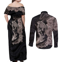 Hawaiian Tropical Plants Turtle and Shark Couples Matching Off Shoulder Maxi Dress and Long Sleeve Button Shirt Polynesian Art Tattoo Grayscale Color LT03 - Polynesian Pride