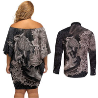 Hawaiian Tropical Plants Turtle and Shark Couples Matching Off Shoulder Short Dress and Long Sleeve Button Shirt Polynesian Art Tattoo Grayscale Color LT03 - Polynesian Pride