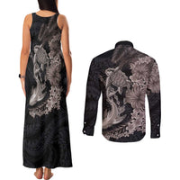 Hawaiian Tropical Plants Turtle and Shark Couples Matching Tank Maxi Dress and Long Sleeve Button Shirt Polynesian Art Tattoo Grayscale Color LT03 - Polynesian Pride