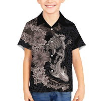 Hawaiian Tropical Plants Turtle and Shark Family Matching Off The Shoulder Long Sleeve Dress and Hawaiian Shirt Polynesian Art Tattoo Grayscale Color