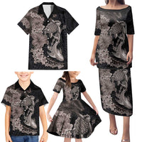 Hawaiian Tropical Plants Turtle and Shark Family Matching Puletasi and Hawaiian Shirt Polynesian Art Tattoo Grayscale Color