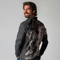 Hawaiian Tropical Plants Turtle and Shark Long Sleeve Polo Shirt Polynesian Art Tattoo Grayscale Color