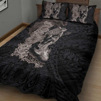 Hawaiian Tropical Plants Turtle and Shark Quilt Bed Set Polynesian Art Tattoo Grayscale Color