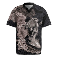 Hawaiian Tropical Plants Turtle and Shark Rugby Jersey Polynesian Art Tattoo Grayscale Color LT03 Black - Polynesian Pride