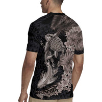 Hawaiian Tropical Plants Turtle and Shark Rugby Jersey Polynesian Art Tattoo Grayscale Color LT03 - Polynesian Pride