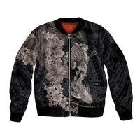 Hawaiian Tropical Plants Turtle and Shark Sleeve Zip Bomber Jacket Polynesian Art Tattoo Grayscale Color
