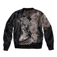 Hawaiian Tropical Plants Turtle and Shark Sleeve Zip Bomber Jacket Polynesian Art Tattoo Grayscale Color