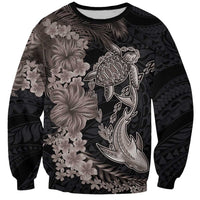 Hawaiian Tropical Plants Turtle and Shark Sweatshirt Polynesian Art Tattoo Grayscale Color LT03 Unisex Black - Polynesian Pride