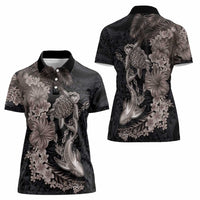 Hawaiian Tropical Plants Turtle and Shark Women Polo Shirt Polynesian Art Tattoo Grayscale Color