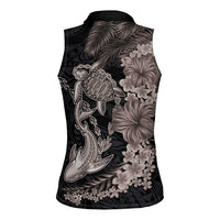 Hawaiian Tropical Plants Turtle and Shark Women Sleeveless Polo Shirt Polynesian Art Tattoo Grayscale Color