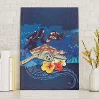 Polynesian Scuba Diving Canvas Wall Art Honu with Hibiscus and Plumeria Flower and Tapa Tribal Pattern LT03 Without Frame Blue - Polynesian Pride