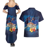 Polynesian Scuba Diving Couples Matching Summer Maxi Dress and Hawaiian Shirt Honu with Hibiscus and Plumeria Flower and Tapa Tribal Pattern