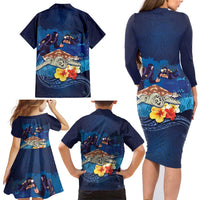 Polynesian Scuba Diving Family Matching Long Sleeve Bodycon Dress and Hawaiian Shirt Honu with Hibiscus and Plumeria Flower and Tapa Tribal Pattern