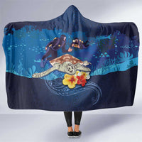 Polynesian Scuba Diving Hooded Blanket Honu with Hibiscus and Plumeria Flower and Tapa Tribal Pattern LT03 One Size Blue - Polynesian Pride