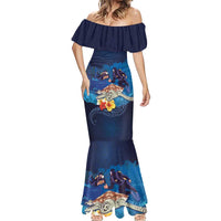 Polynesian Scuba Diving Mermaid Dress Honu with Hibiscus and Plumeria Flower and Tapa Tribal Pattern