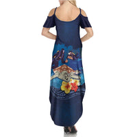 Polynesian Scuba Diving Summer Maxi Dress Honu with Hibiscus and Plumeria Flower and Tapa Tribal Pattern LT03 - Polynesian Pride