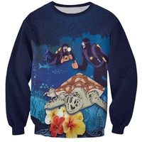 Polynesian Scuba Diving Sweatshirt Honu with Hibiscus and Plumeria Flower and Tapa Tribal Pattern LT03 Unisex Blue - Polynesian Pride